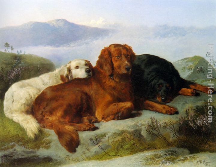 A Golden Retriever, Irish Setter, and a Gordon Setter in a Mountainous Landscape painting - George W. Horlor A Golden Retriever, Irish Setter, and a Gordon Setter in a Mountainous Landscape art painting